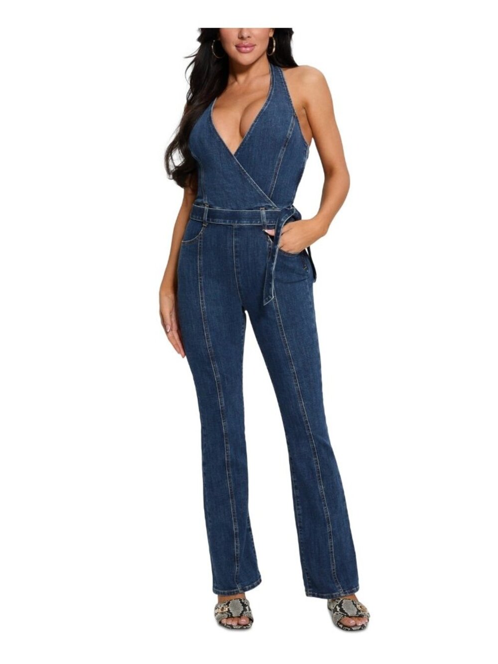 GUESS Women's Claire belted Plunging-Neck Bootcut Jumpsuit Blue Size M X 32 $188